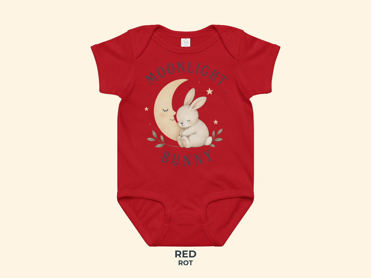 Moonlight Bunny Babybody in Rot – Produktansicht von Odd Hour Supply.