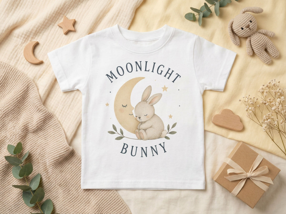 Moonlight Bunny Baby T-Shirt – Produktansicht von Odd Hour Supply.