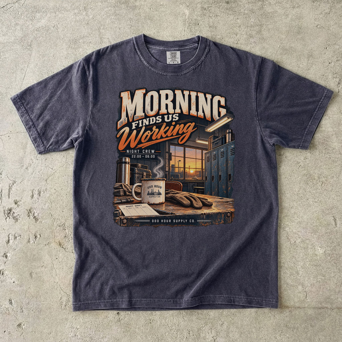 Morning Finds Us Working T-Shirt in Graphite – Vorderansicht von Odd Hour Supply.