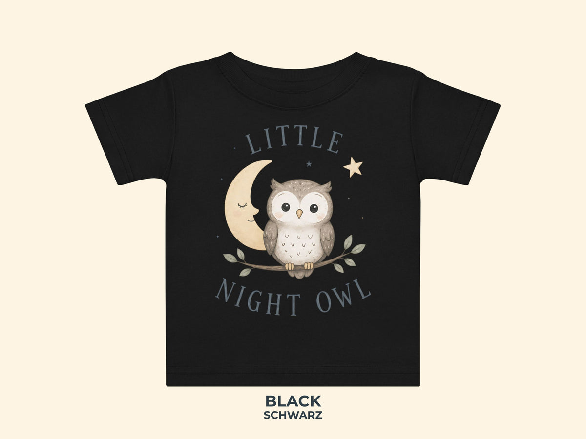 Little Night Owl Baby T-Shirt in Schwarz – Produktansicht von Odd Hour Supply.