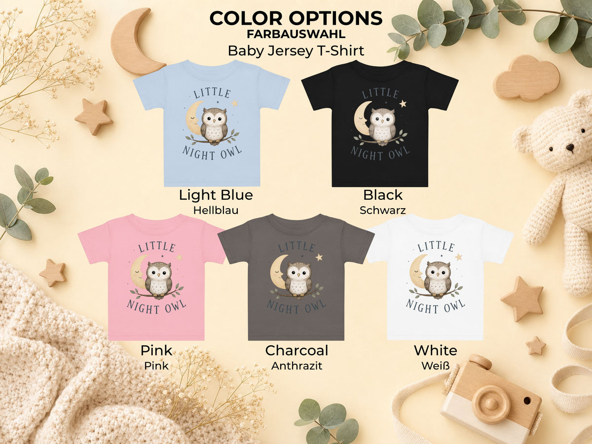 Little Night Owl Baby T-Shirt – Verfügbare Farbvarianten von Odd Hour Supply.