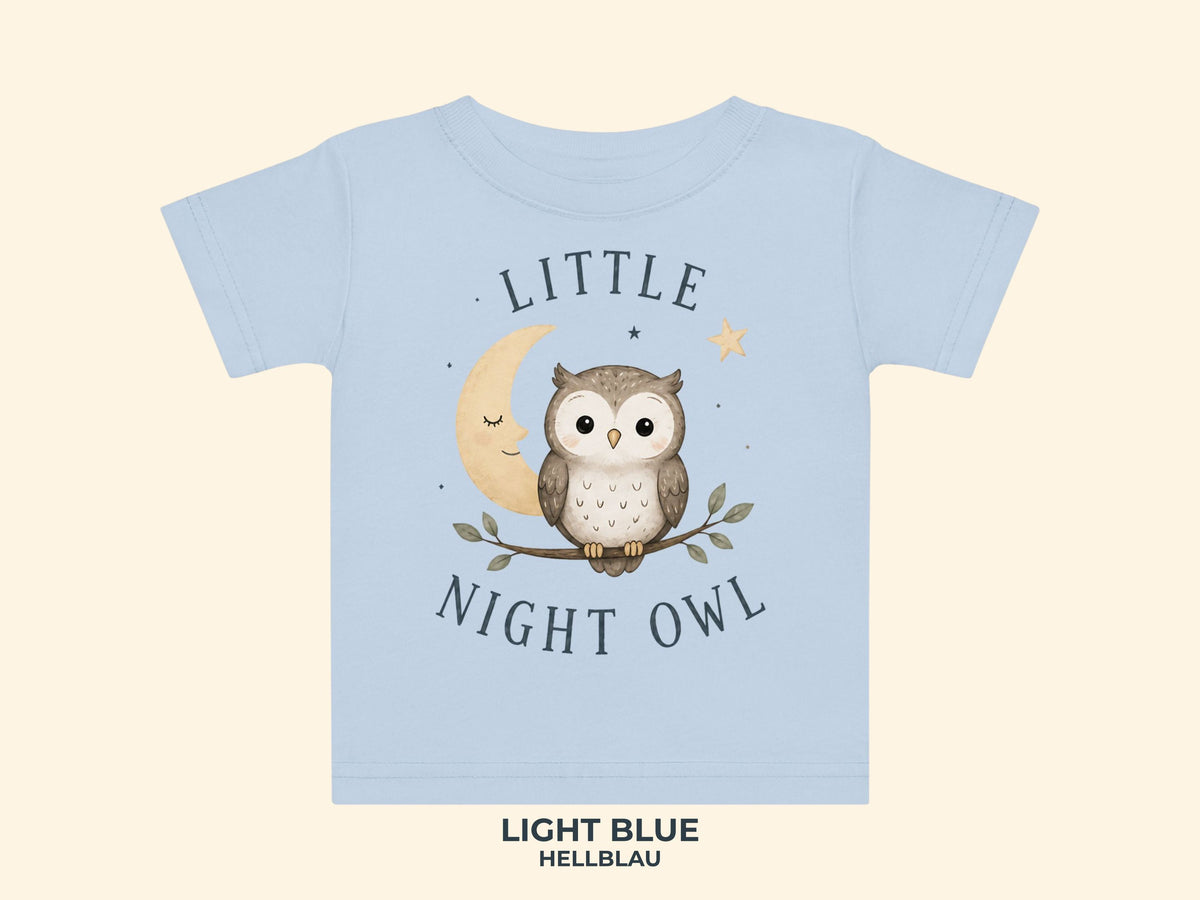 Little Night Owl Baby T-Shirt in Hellblau – Produktansicht von Odd Hour Supply.