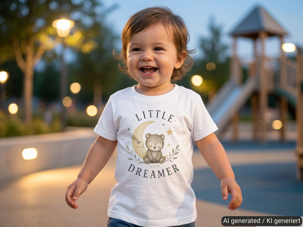 Little Dreamer Teddy Baby T-Shirt – Trageansicht von Odd Hour Supply.