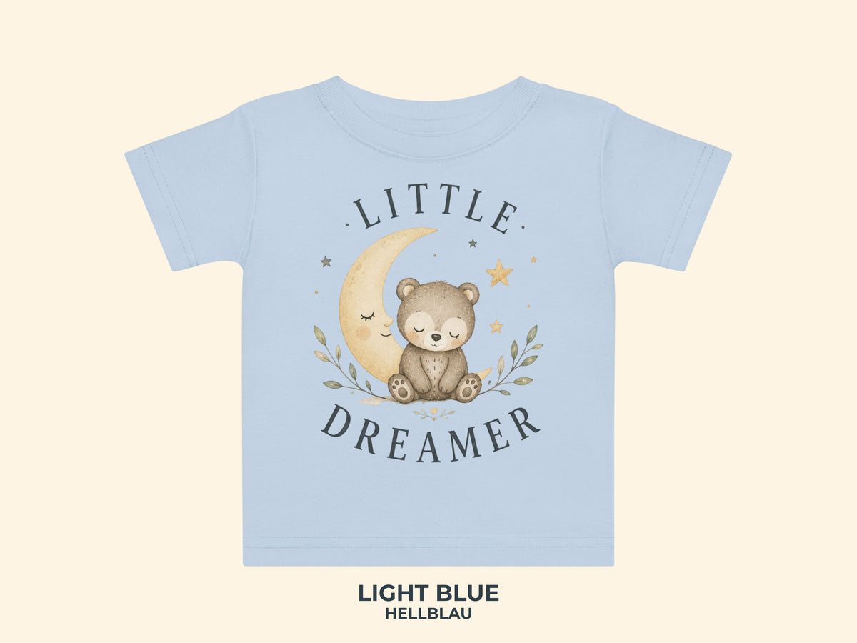 Little Dreamer Teddy Baby T-Shirt in Hellblau – Produktansicht von Odd Hour Supply.