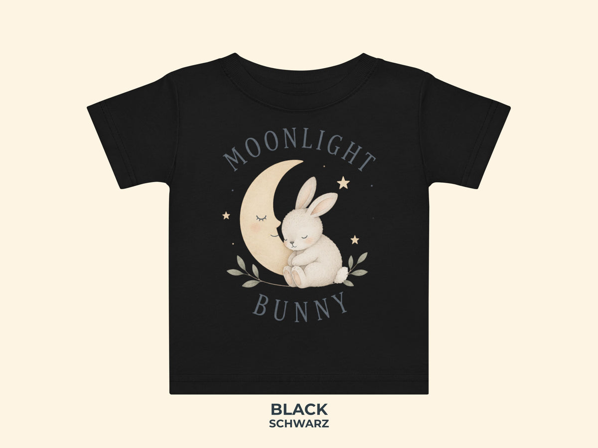Moonlight Bunny Baby T-Shirt in Schwarz – Produktansicht von Odd Hour Supply.