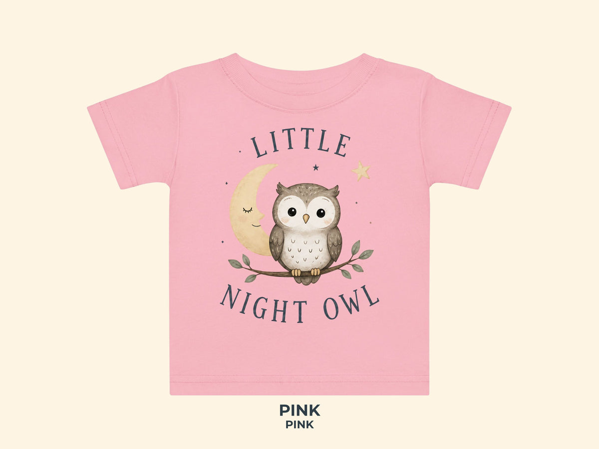 Little Night Owl Baby T-Shirt in Pink – Produktansicht von Odd Hour Supply.