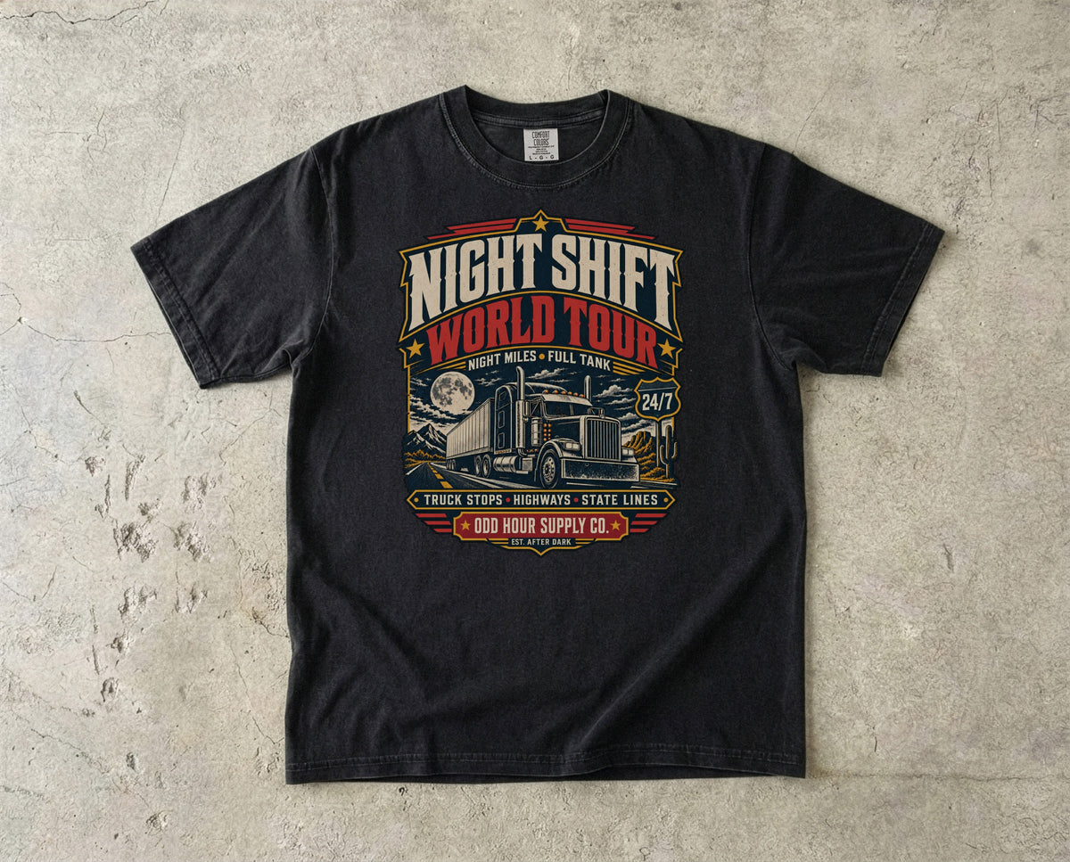 Night Shift World Tour – Night Miles T-Shirt in Schwarz – Vorderansicht von Odd Hour Supply.