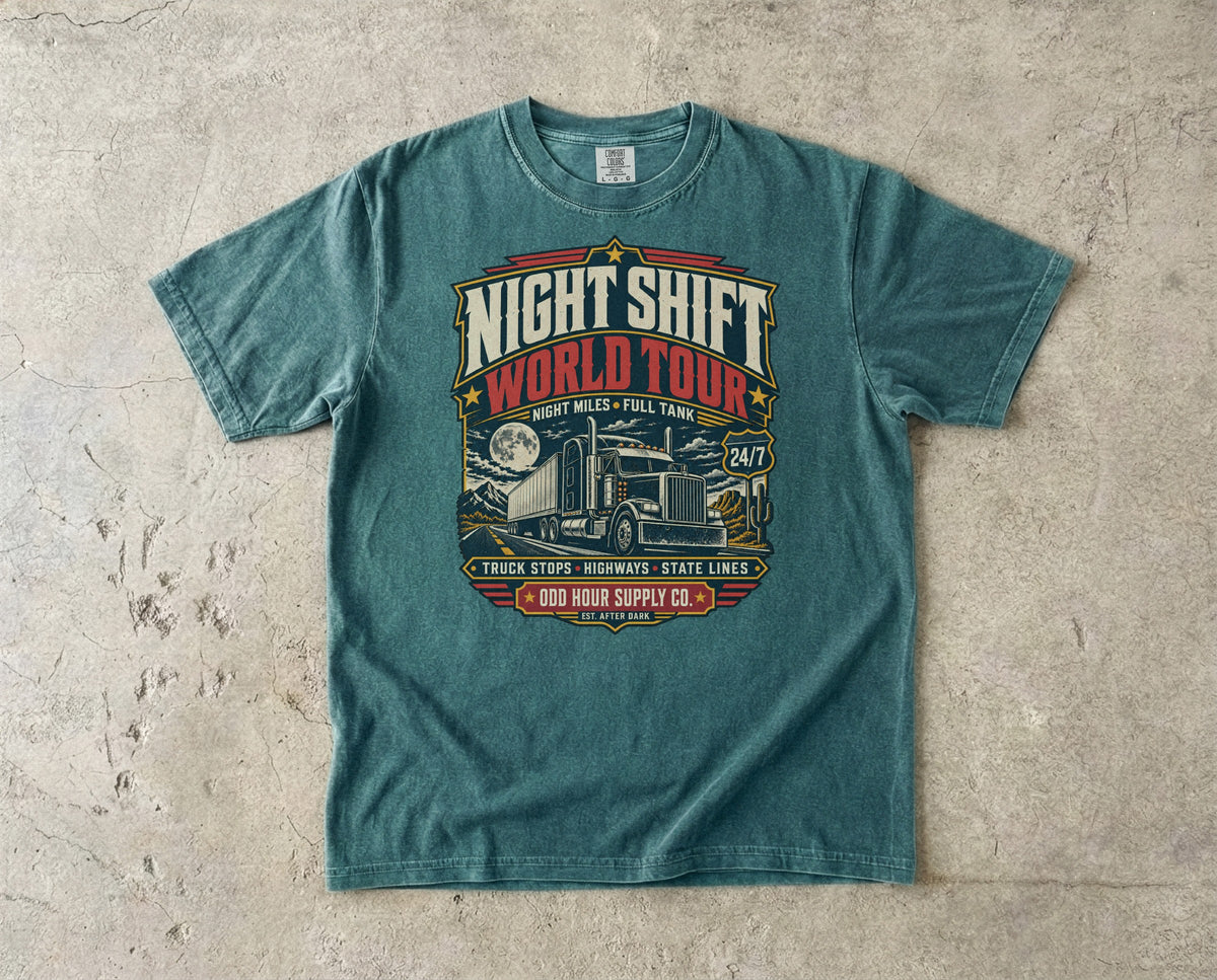 Night Shift World Tour – Night Miles T-Shirt in Blue Spruce – Vorderansicht von Odd Hour Supply.
