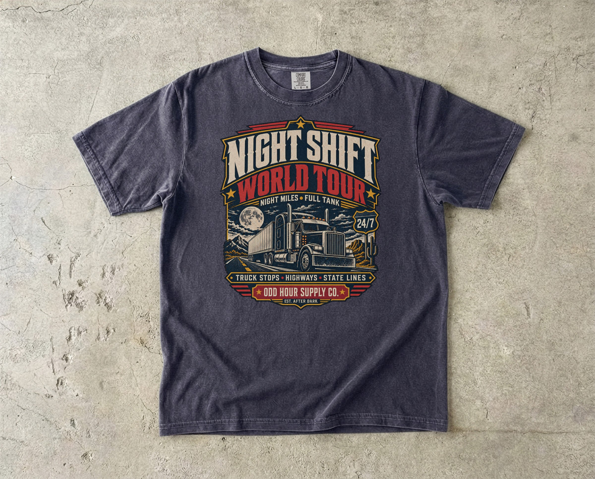 Night Shift World Tour – Night Miles T-Shirt in Graphite – Vorderansicht von Odd Hour Supply.