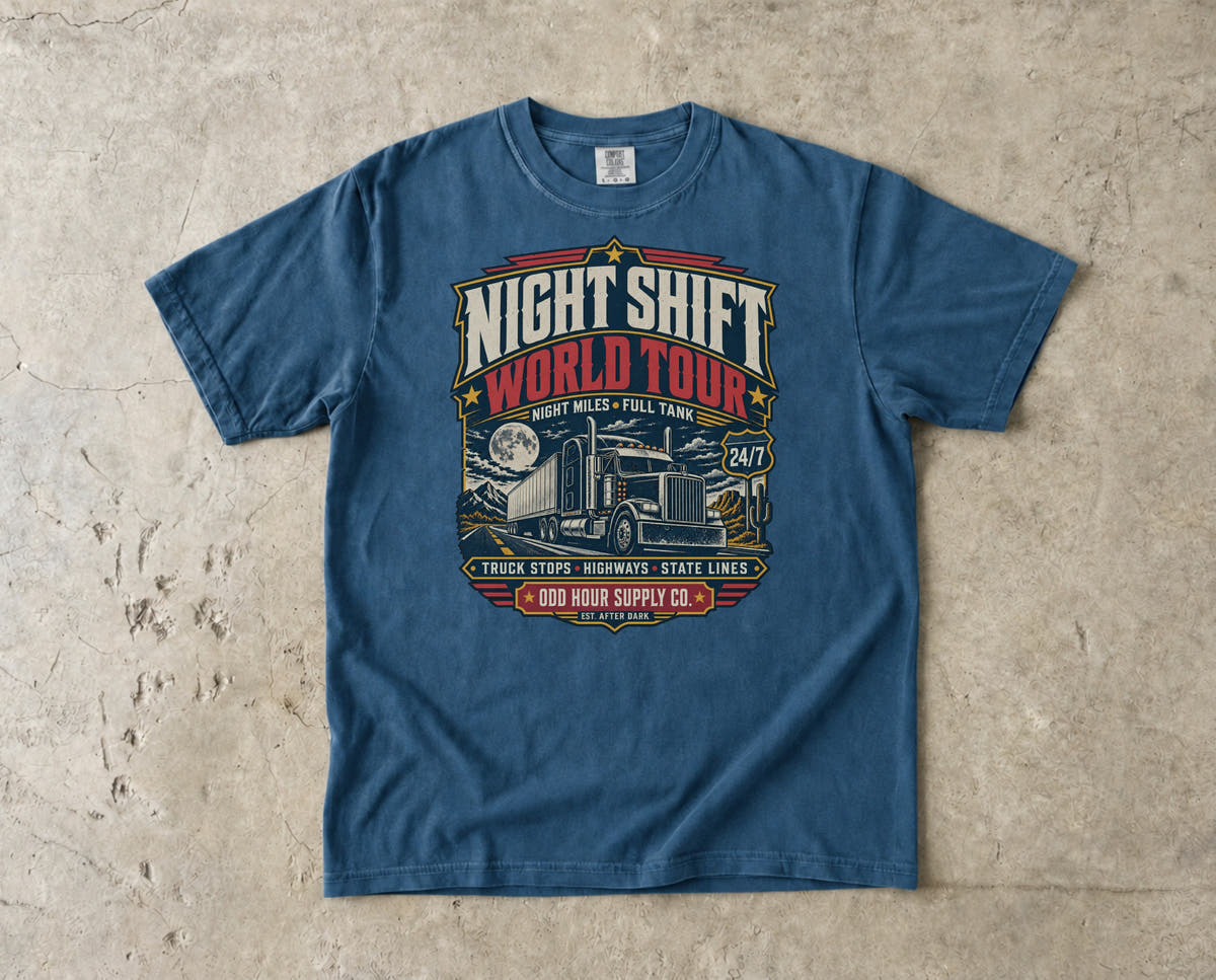 Night Shift World Tour – Night Miles T-Shirt in Midnight – Vorderansicht von Odd Hour Supply.