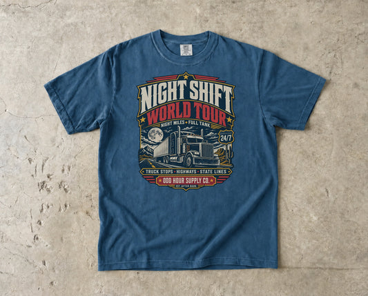 Night Shift World Tour – Night Miles T-Shirt in Midnight – Vorderansicht von Odd Hour Supply.