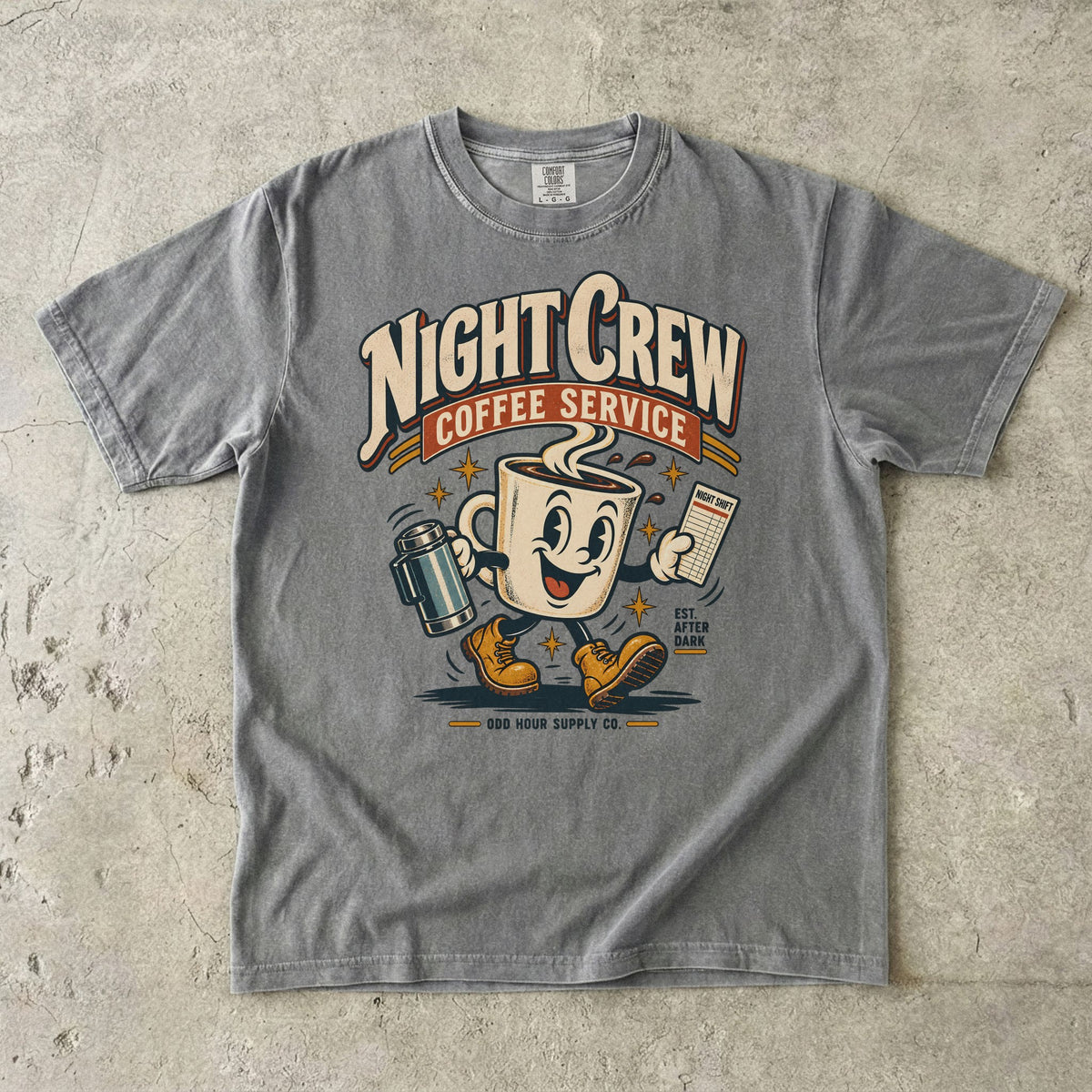 Night Crew Coffee Service T-Shirt – Vorderansicht von Odd Hour Supply.