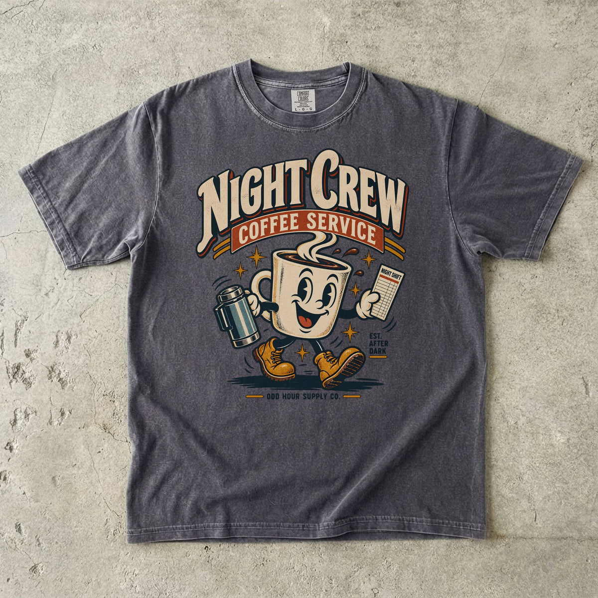 Night Crew Coffee Service T-Shirt in Pepper – Vorderansicht von Odd Hour Supply.