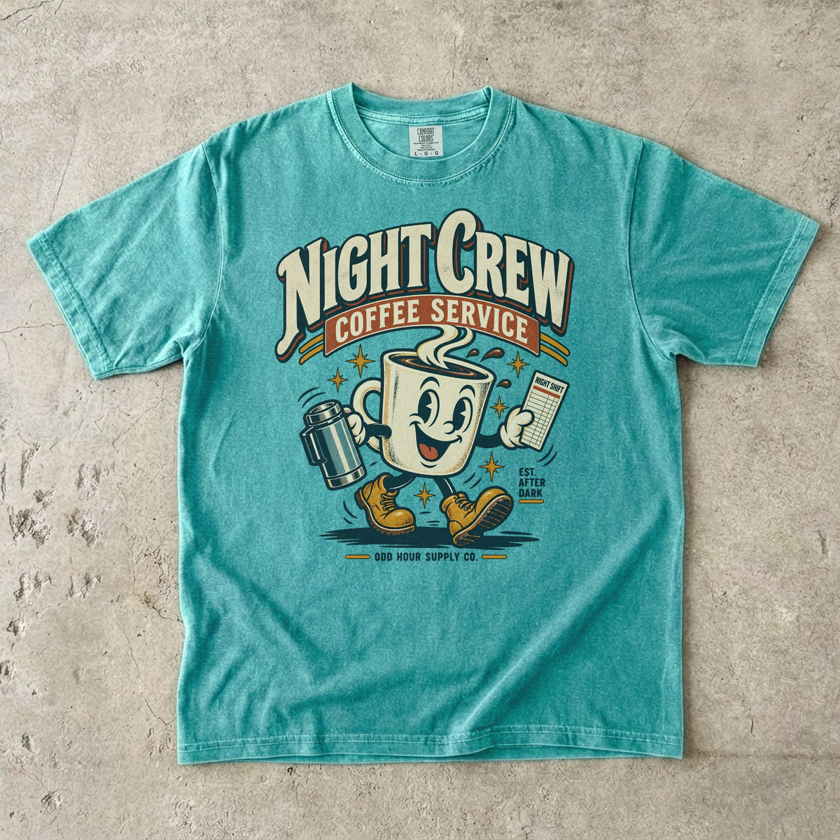 Night Crew Coffee Service T-Shirt – Vorderansicht von Odd Hour Supply.
