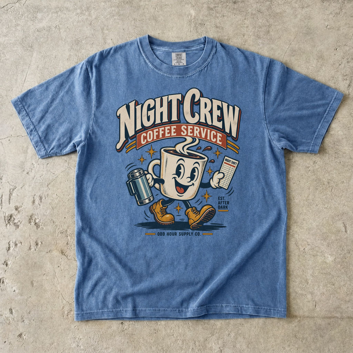 Night Crew Coffee Service T-Shirt in Washed Denim – Vorderansicht von Odd Hour Supply.
