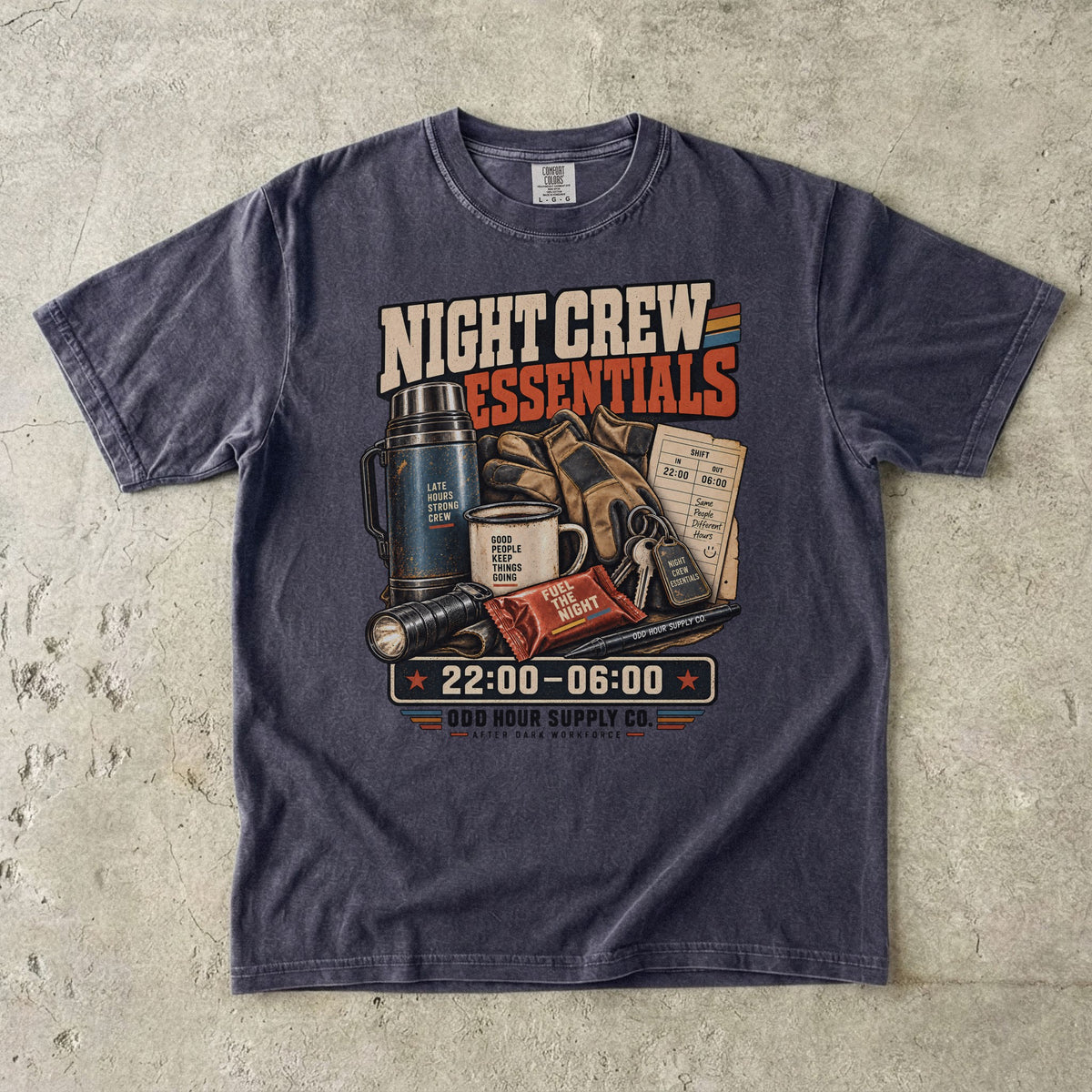 Night Crew Essentials T-Shirt in Graphite – Vorderansicht von Odd Hour Supply.