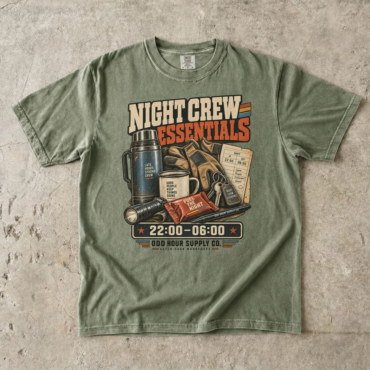 Night Crew Essentials T-Shirt in Hemp – Vorderansicht von Odd Hour Supply.