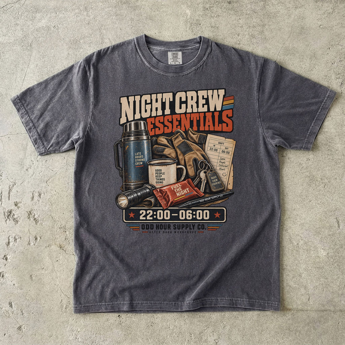 Night Crew Essentials T-Shirt in Pepper – Vorderansicht von Odd Hour Supply.