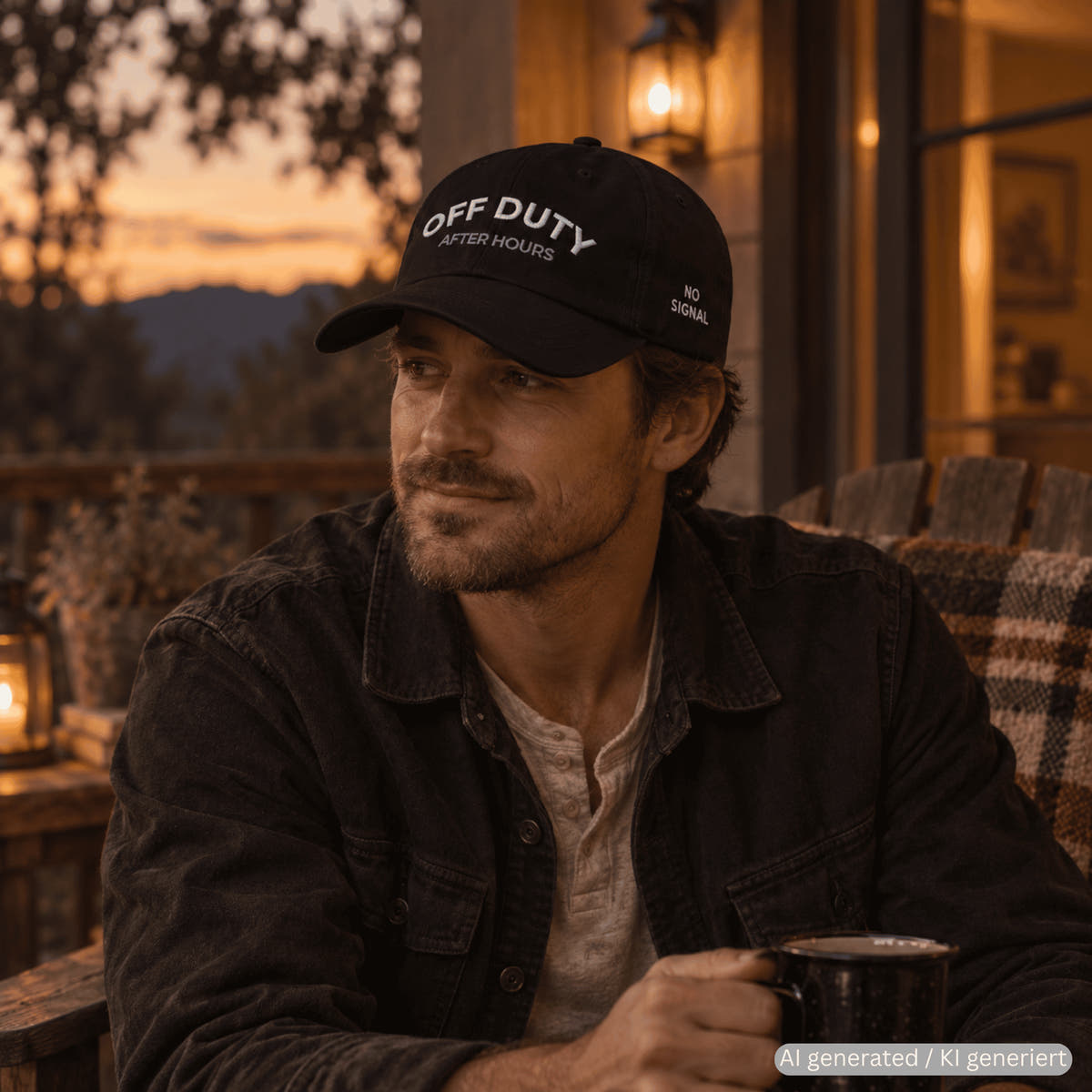 Off Duty bestickte Dad-Cap – Trageansicht von Odd Hour Supply.
