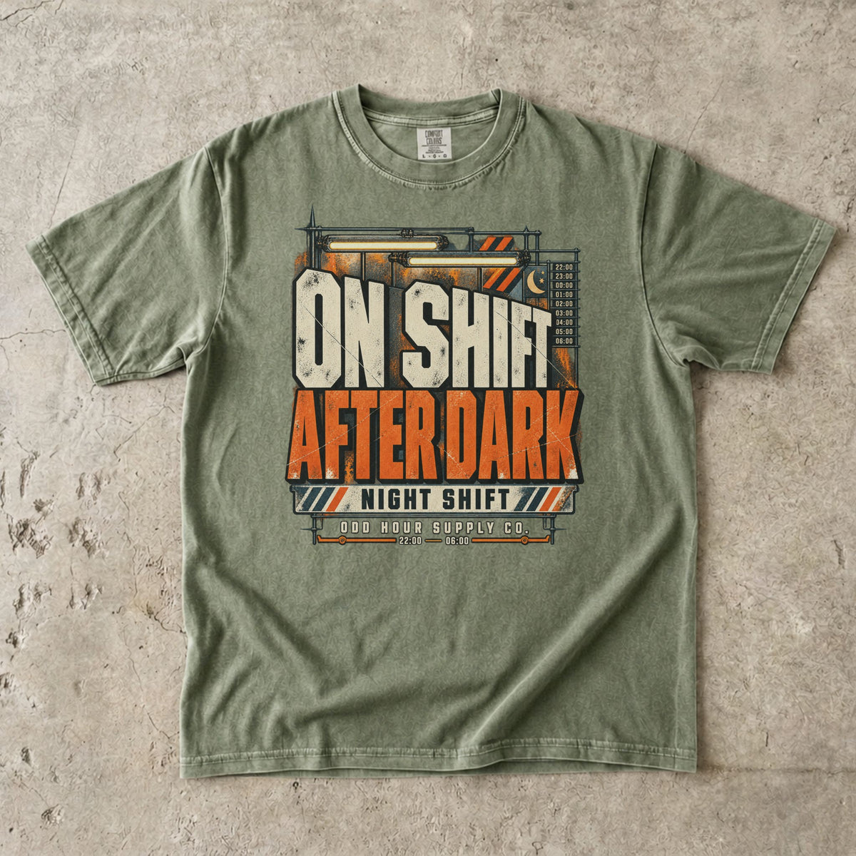 On Shift After Dark T-Shirt in Hemp – Vorderansicht von Odd Hour Supply.