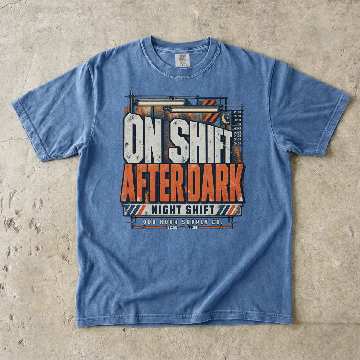 On Shift After Dark T-Shirt in Washed Denim – Vorderansicht von Odd Hour Supply.