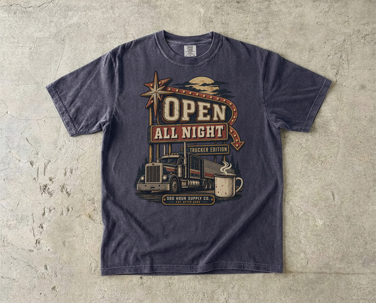 Open All Night – Trucker Edition T-Shirt in Graphite – Vorderansicht von Odd Hour Supply.