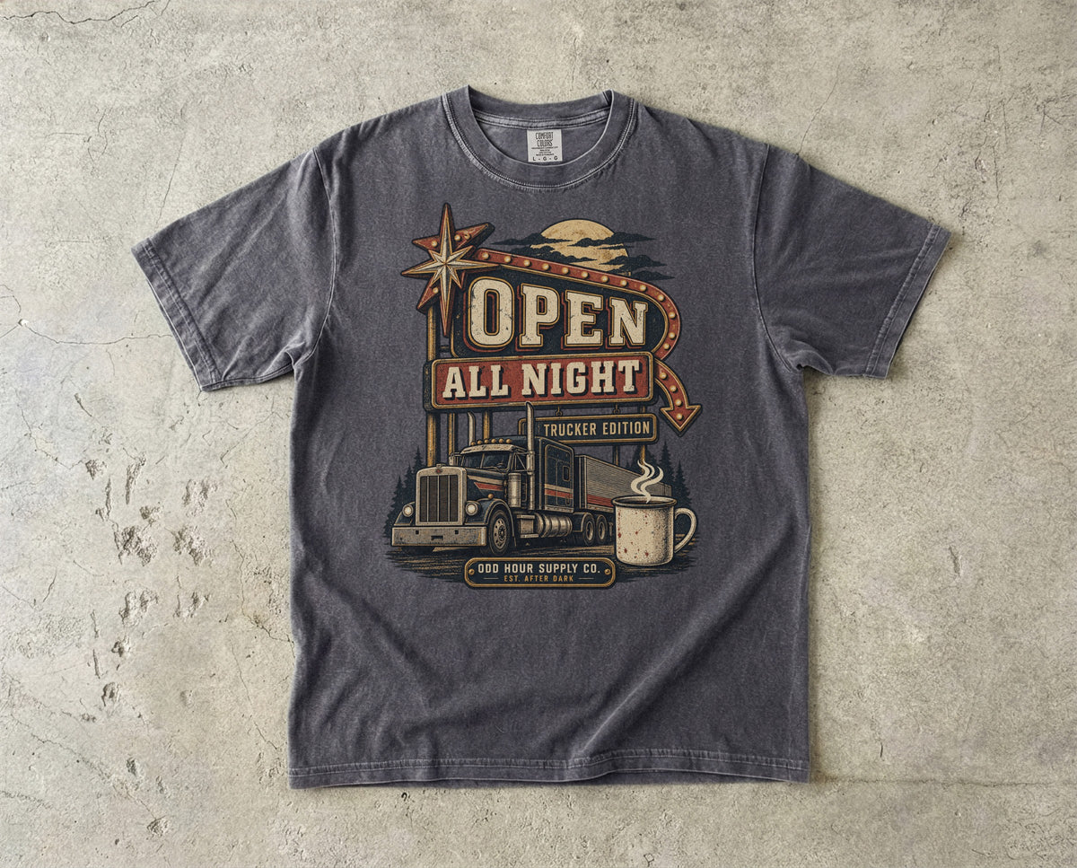Open All Night – Trucker Edition T-Shirt in Pepper – Vorderansicht von Odd Hour Supply.