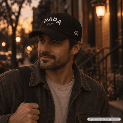 Papa bestickte Dad-Cap – Trageansicht von Odd Hour Supply.