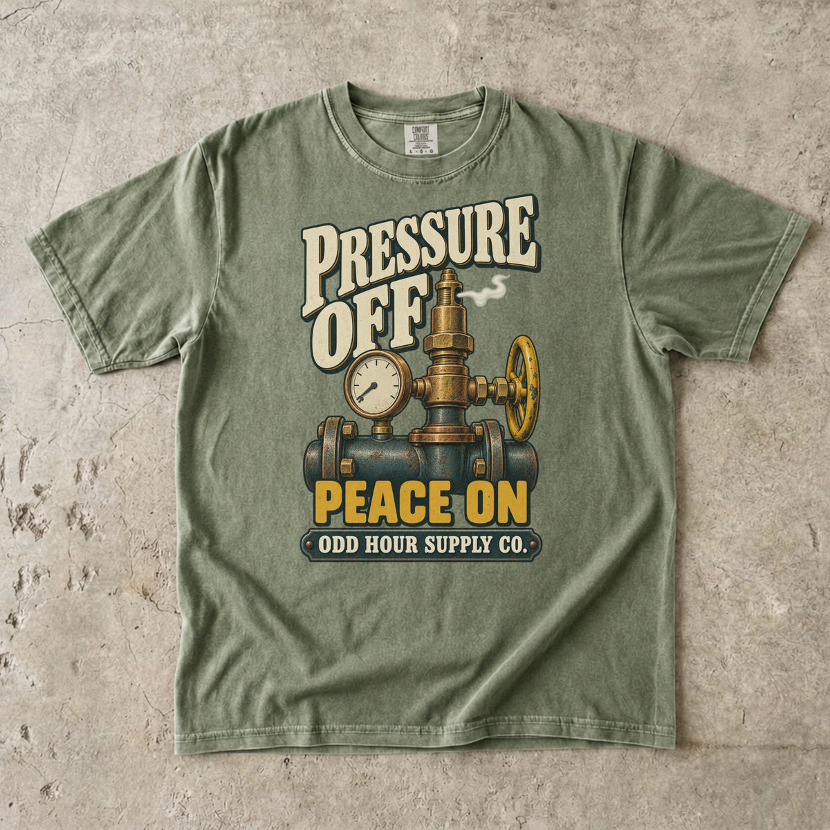 T-Shirt in Hemp mit Messingventil, Manometer und PRESSURE OFF PEACE ON von Odd Hour Supply Co.