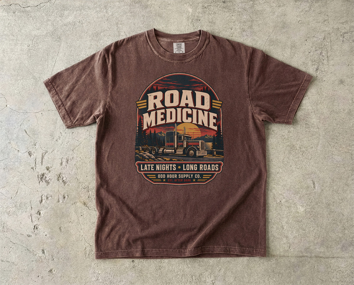 Road Medicine – Late Nights Long Roads T-Shirt – Vorderansicht von Odd Hour Supply.