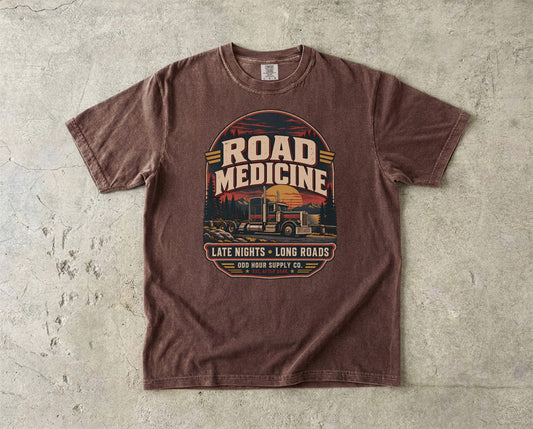 Road Medicine – Late Nights Long Roads T-Shirt – Vorderansicht von Odd Hour Supply.