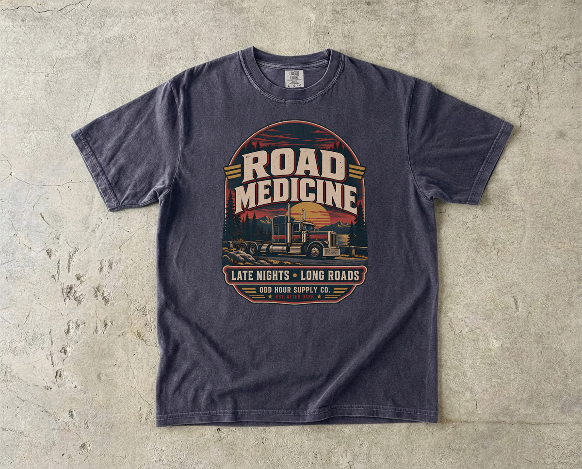 Road Medicine – Late Nights Long Roads T-Shirt in Graphite – Vorderansicht von Odd Hour Supply.