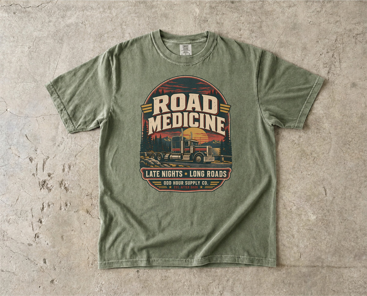 Road Medicine – Late Nights Long Roads T-Shirt in Hemp – Vorderansicht von Odd Hour Supply.