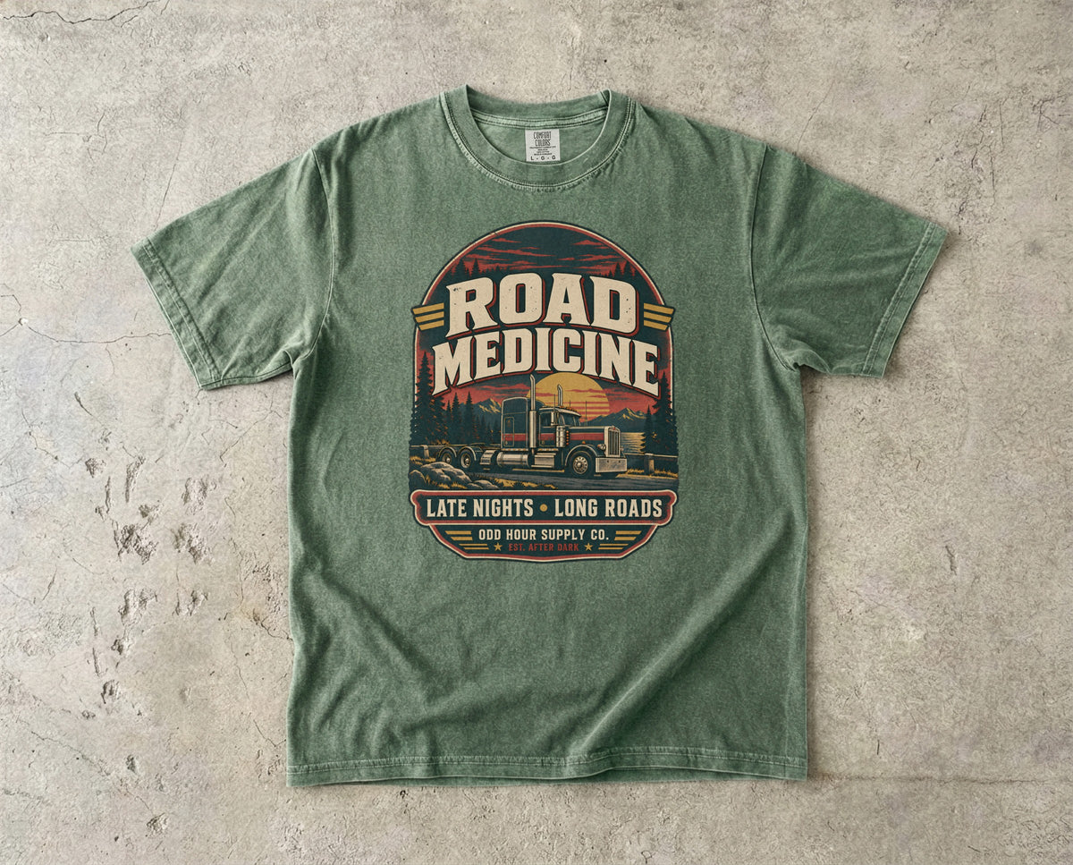 Road Medicine – Late Nights Long Roads T-Shirt in Moss – Vorderansicht von Odd Hour Supply.