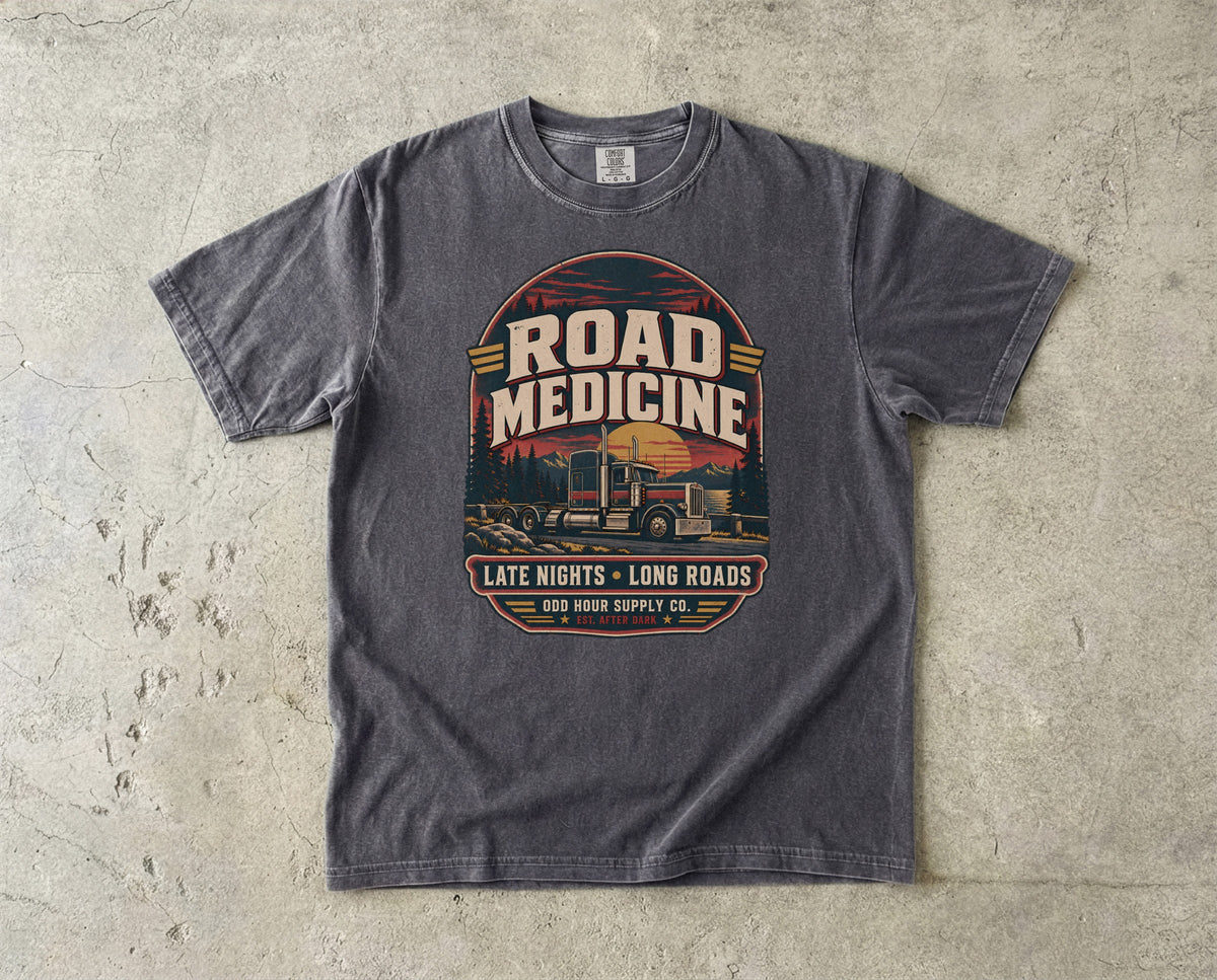 Road Medicine – Late Nights Long Roads T-Shirt in Pepper – Vorderansicht von Odd Hour Supply.