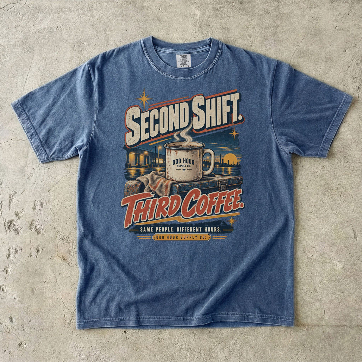 Second Shift Third Coffee T-Shirt in Denim – Vorderansicht von Odd Hour Supply.