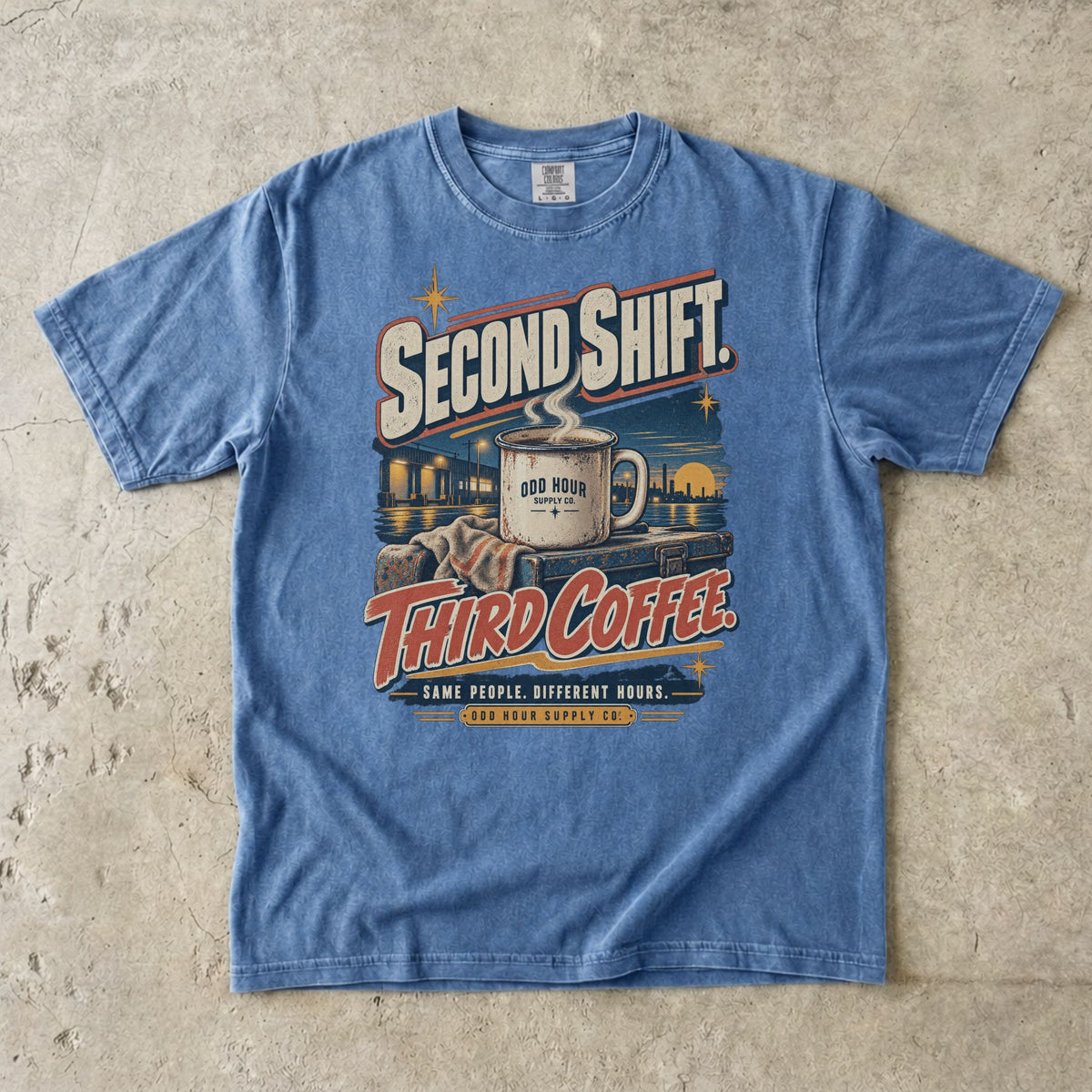 Second Shift Third Coffee T-Shirt in Washed Denim – Vorderansicht von Odd Hour Supply.
