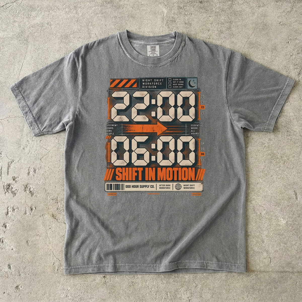Shift in Motion 22:00–06:00 T-Shirt – Vorderansicht von Odd Hour Supply.