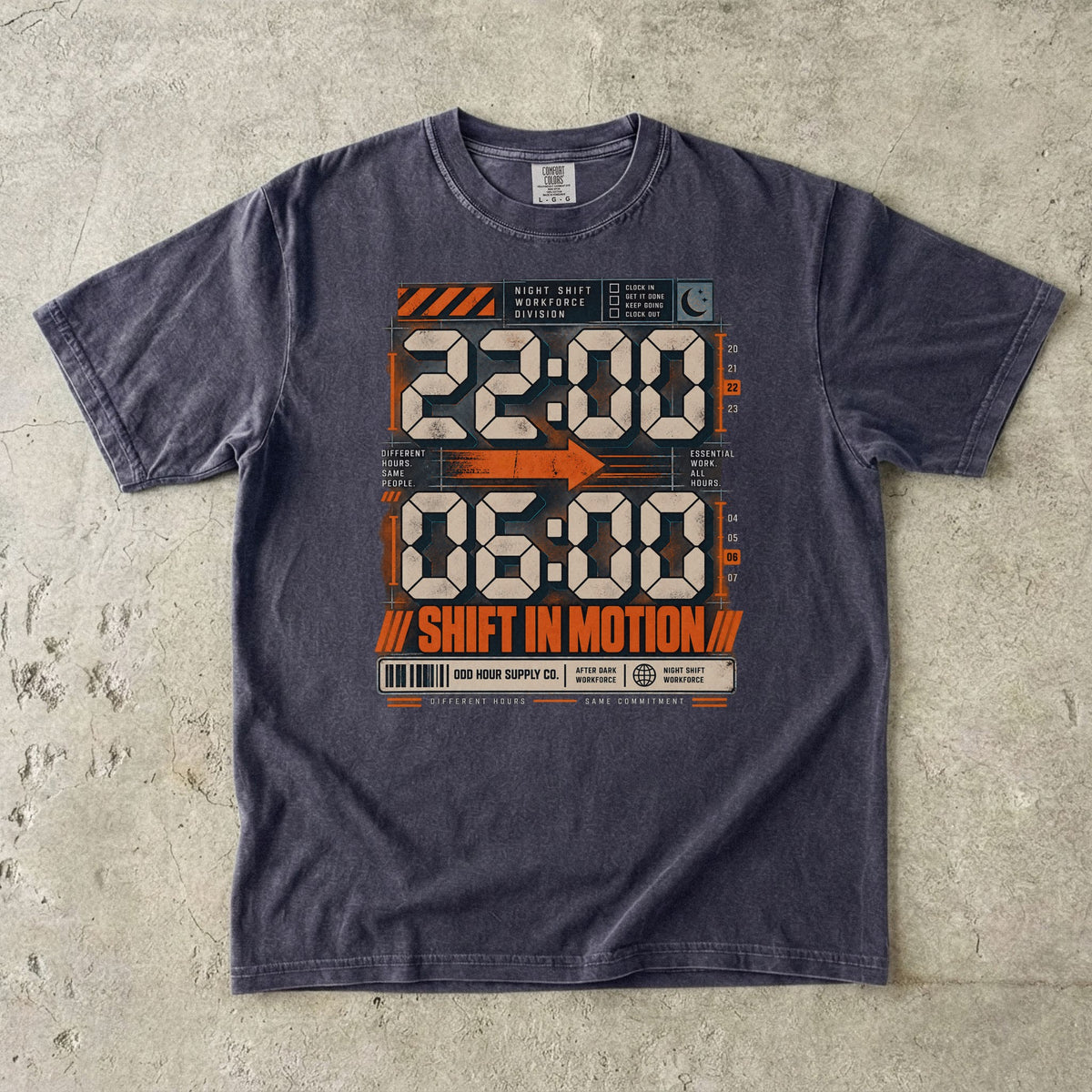 Shift in Motion 22:00–06:00 T-Shirt in Graphite – Vorderansicht von Odd Hour Supply.