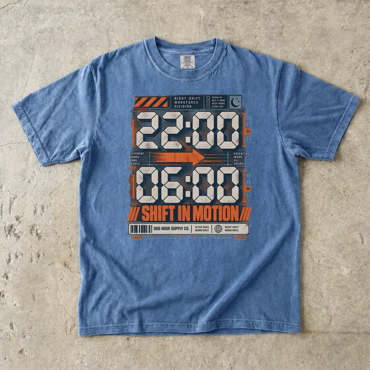 Shift in Motion 22:00–06:00 T-Shirt in Washed Denim – Vorderansicht von Odd Hour Supply.