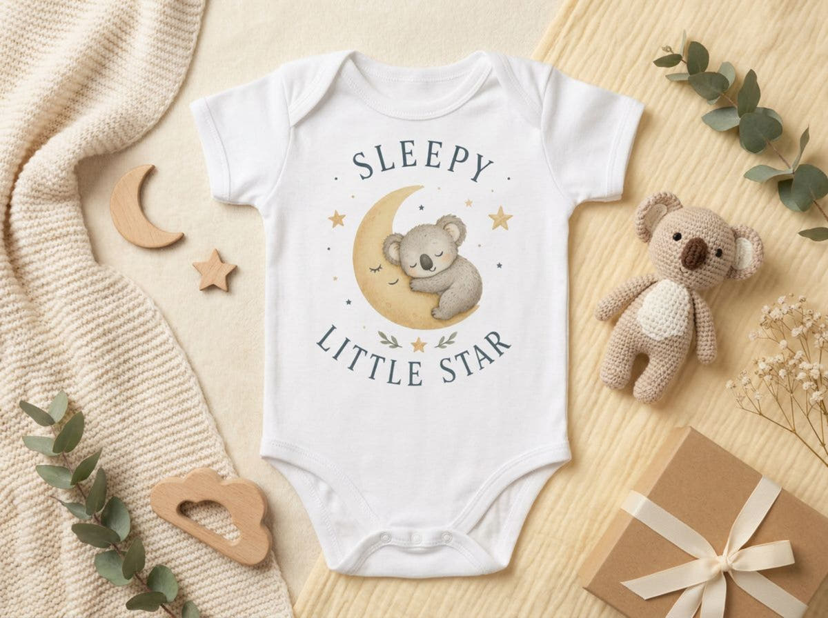 Sleepy Little Star Koala Babybody – Produktansicht von Odd Hour Supply.