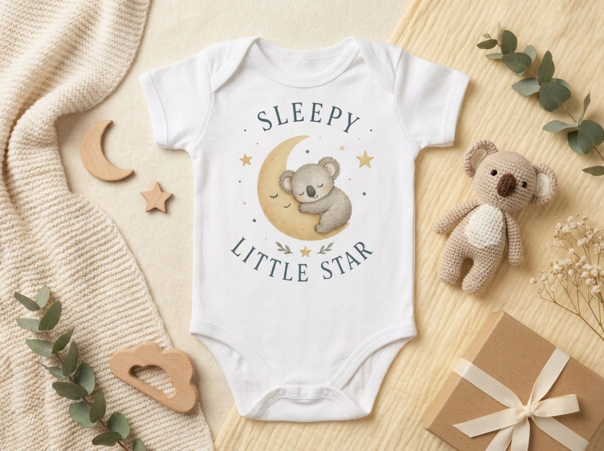 Sleepy Little Star Koala Babybody – Produktansicht von Odd Hour Supply.
