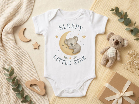 Sleepy Little Star Koala Babybody – Produktansicht von Odd Hour Supply.