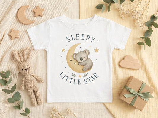 Sleepy Little Star Koala Baby T-Shirt – Produktansicht von Odd Hour Supply.