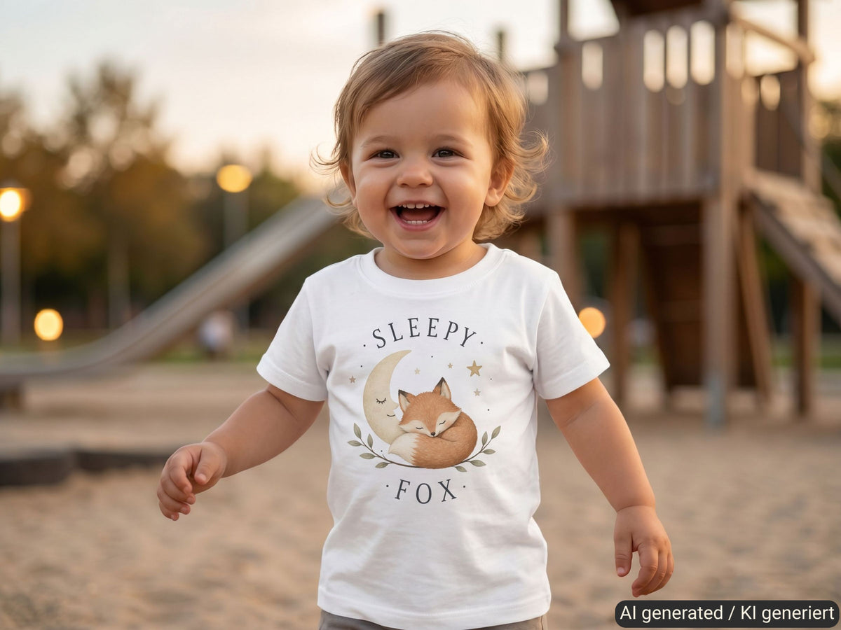 Sleepy Fox Baby T-Shirt – Trageansicht von Odd Hour Supply.