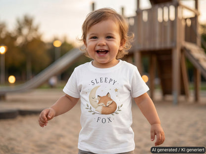 Sleepy Fox Baby T-Shirt – Trageansicht von Odd Hour Supply.