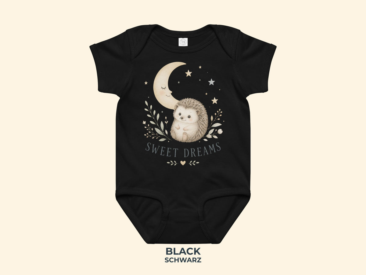 Sweet Dreams Igel Babybody in Schwarz – Produktansicht von Odd Hour Supply.