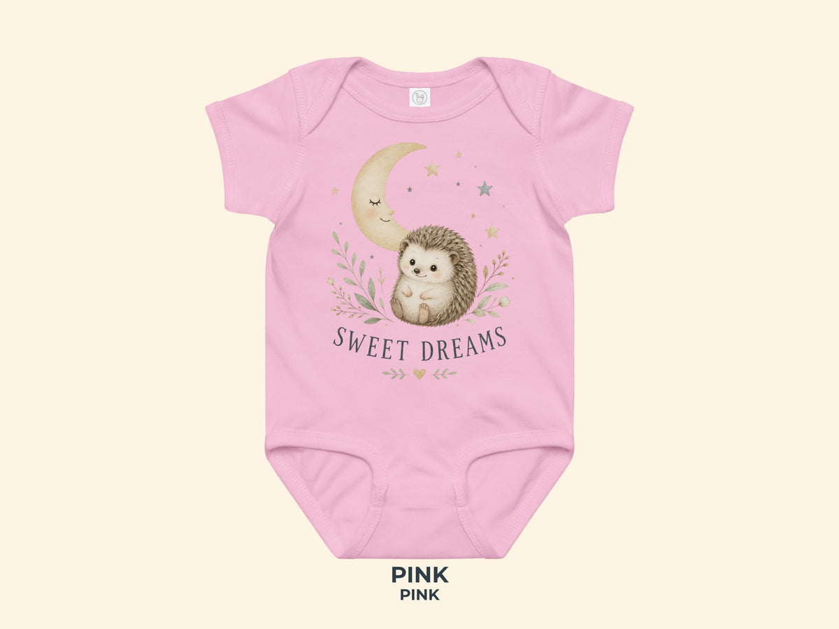 Sweet Dreams Igel Babybody in Pink – Produktansicht von Odd Hour Supply.