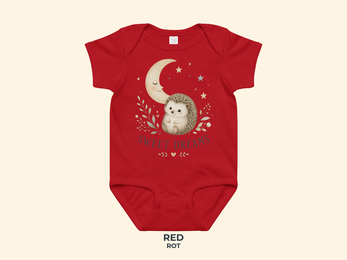 Sweet Dreams Igel Babybody in Rot – Produktansicht von Odd Hour Supply.
