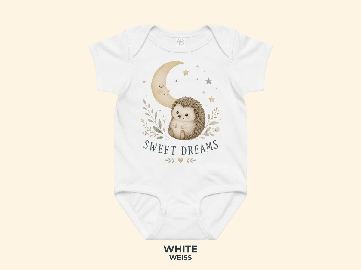 Sweet Dreams Igel Babybody in Weiß – Produktansicht von Odd Hour Supply.